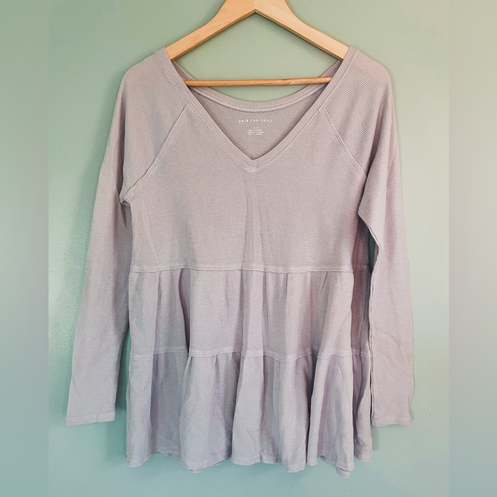 American Eagle Pastel Purple Tiered Long Sleeve Waffle Knit Top V-Neckline Small